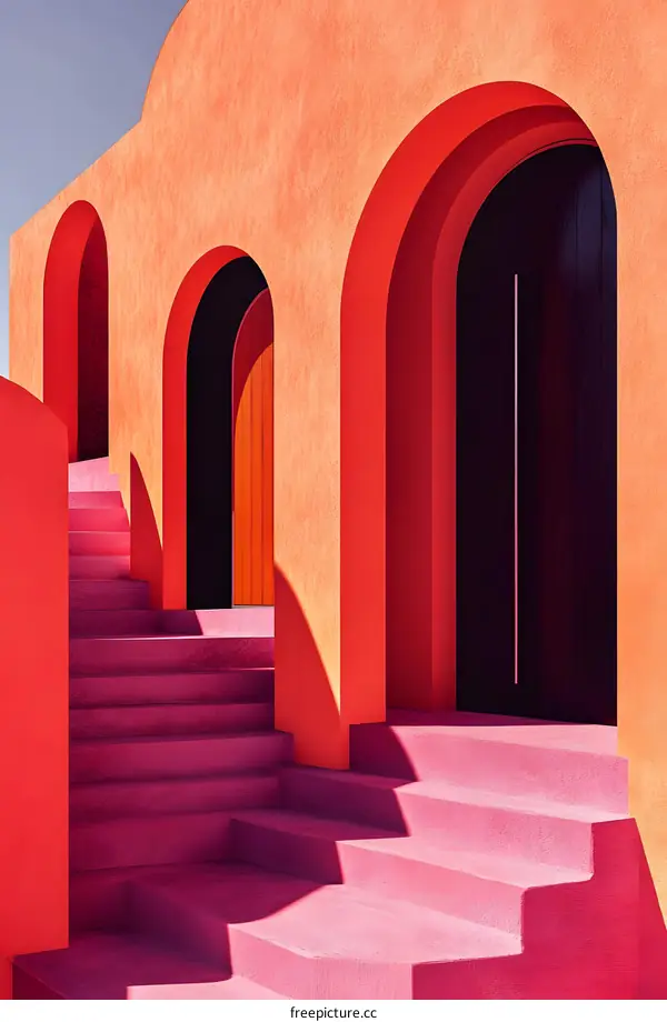 Pink Steps Leading Up To Three Arched Doorways With Orange Walls