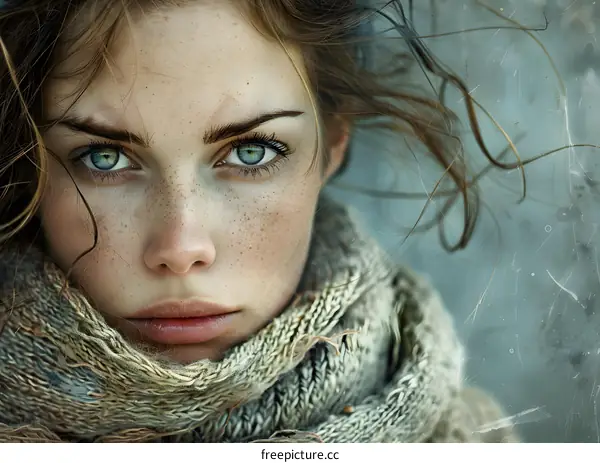 Portrait of a young woman with freckles and green eyes