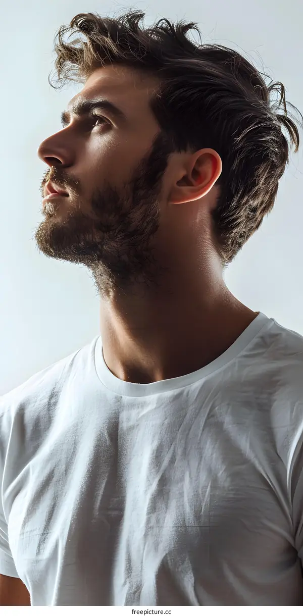 Man with Beard Looking Up in White T-shirt