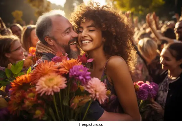 Happy couple hugging and smiling with a bouquet of flowers