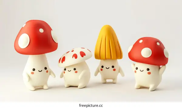 Four cute cartoon mushrooms with different hat colors