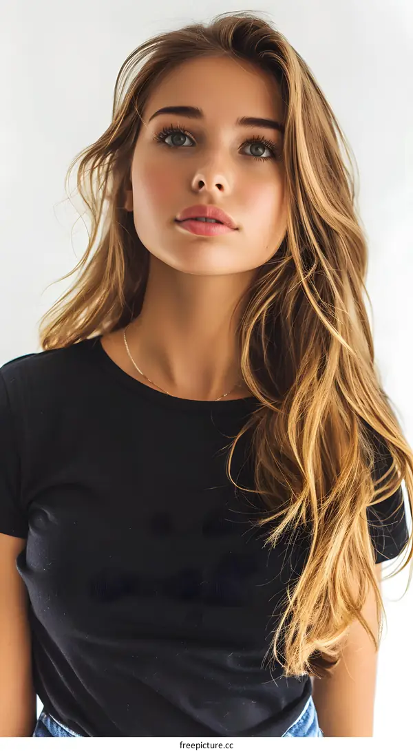 portrait of a beautiful young woman with long blond hair wearing a black t-shirt
