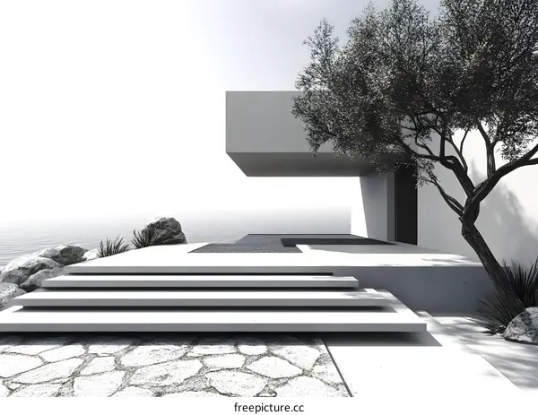 Modern Minimalist House Exterior Design with Steps Leading to Ocean View