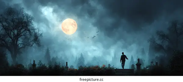 Mysterious Full Moon Over Quiet Cemetery with Lone Figure