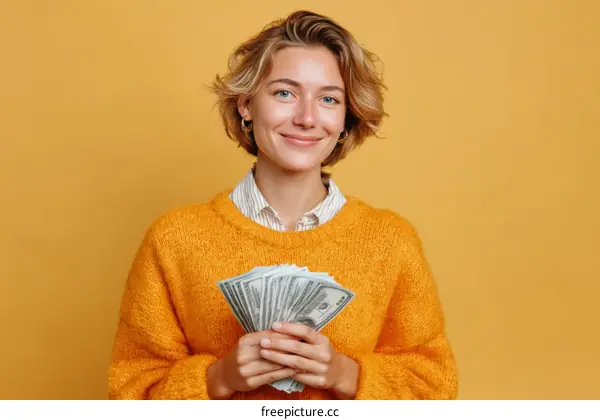 Smiling Woman Holding Money in Studio Setting