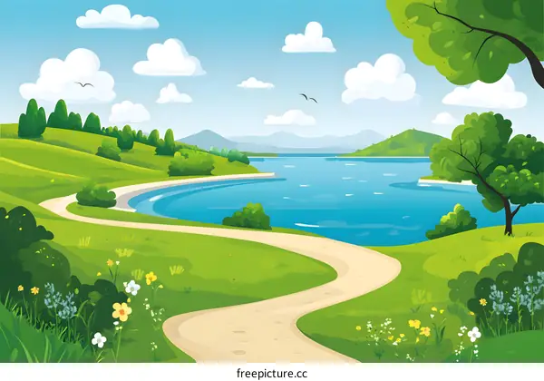 Spring Landscape with Winding Path and Lake