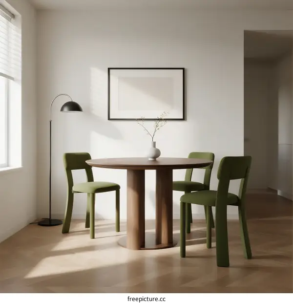 Modern round dining table with green chairs in bright room
