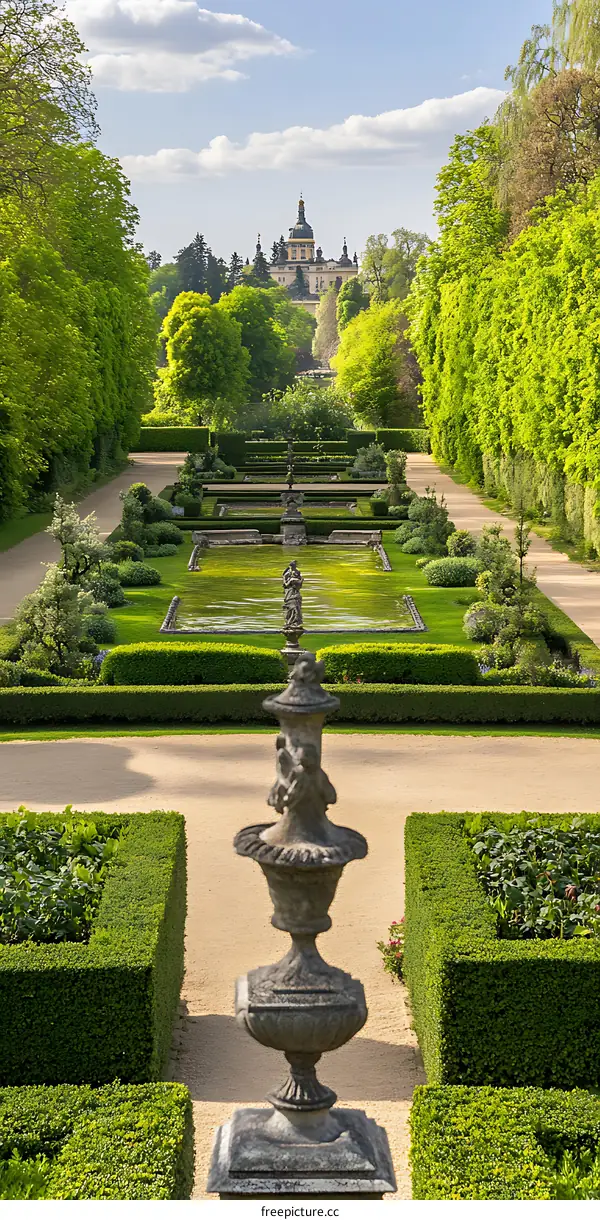 Formal Garden with a Stone Urn and Castle in the Background