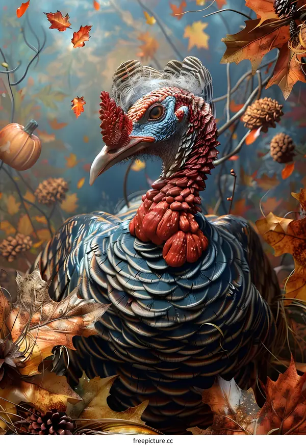 A majestic turkey stands in a field of fall leaves.