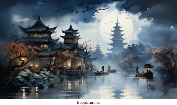 A Nighttime Chinese Village by the Riverside