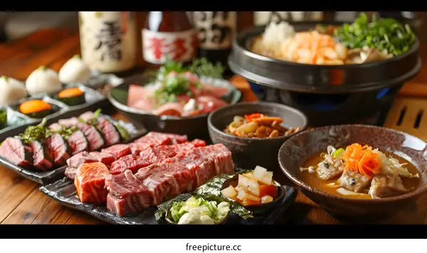 A delicious Japanese meal with beef, shrimp, and vegetables