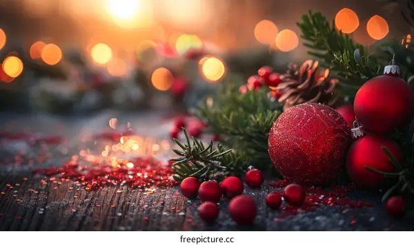 Festive Red and Green Christmas Ornaments on a Rustic Wood