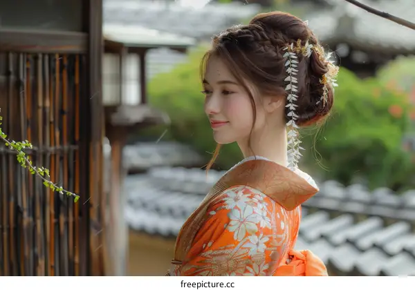 Japanese Woman in Traditional Kimono with Flowers in Hair