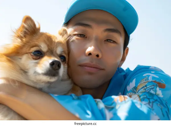 A young Asian man wearing a blue cap and a blue floral shirt is hugging a brown dog.