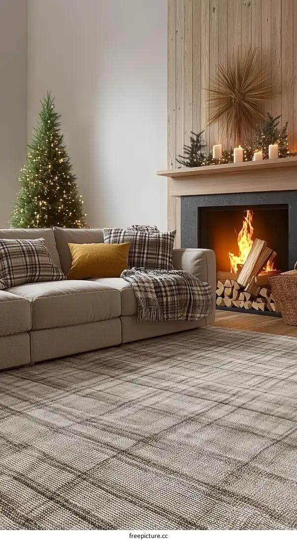 Cozy Christmas Living Room Interior Design with Fireplace