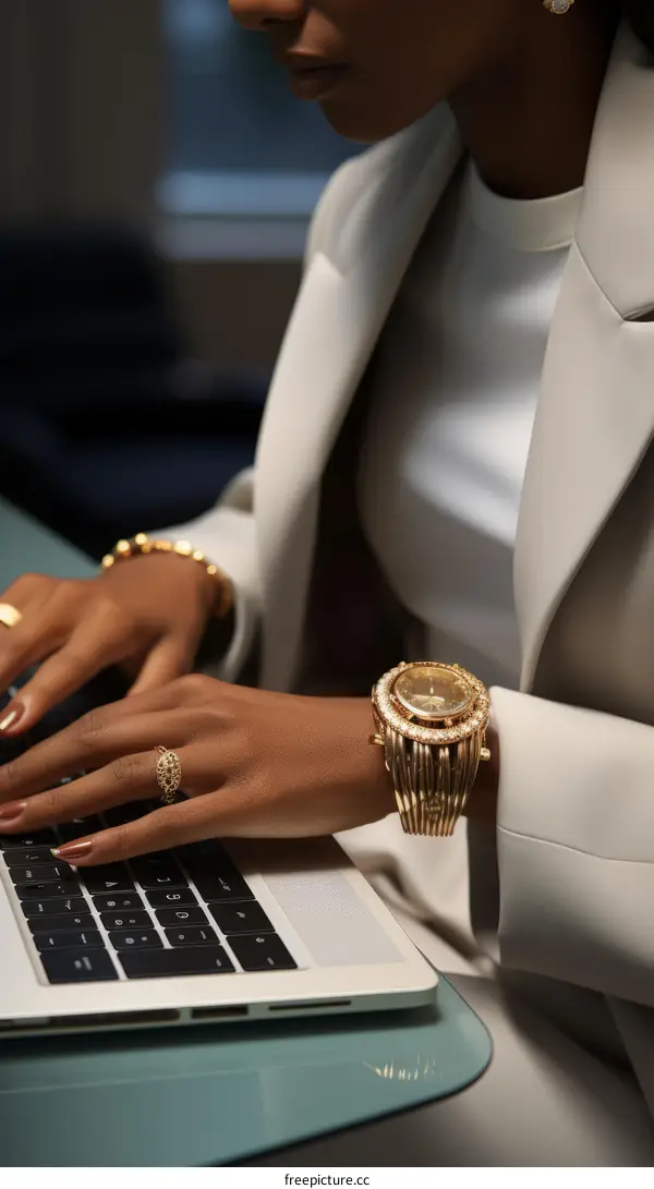Black Woman Wearing Luxury Accessories and Working on Laptop