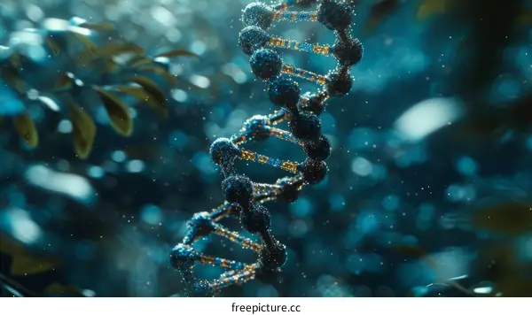 Blue and gold double helix structure of DNA surrounded by green leaves