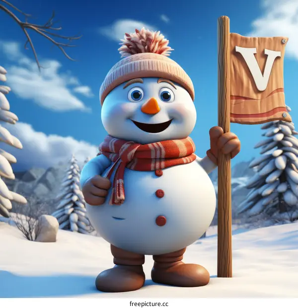 A cute snowman wearing a hat and scarf is holding a flag with the letter V on it. There are snow-covered trees and mountains in the background.