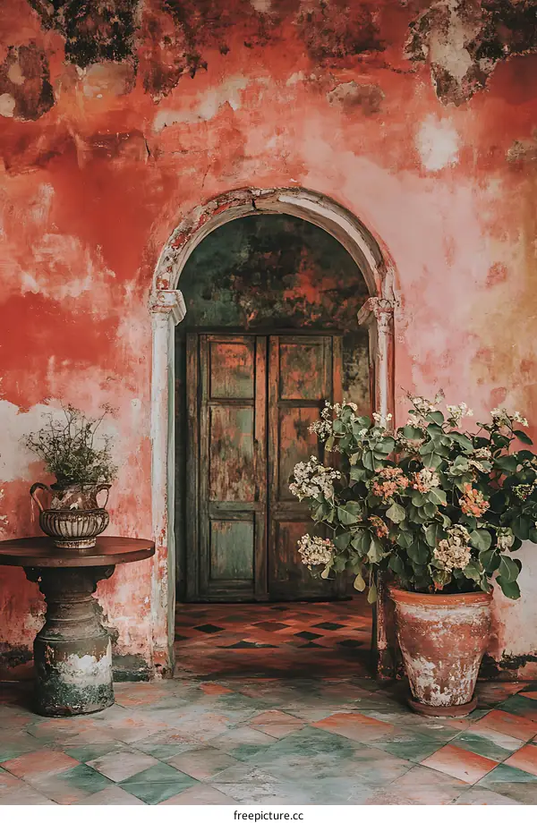Vintage Doorway with Red Wall and Greenery
