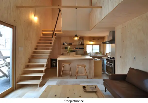 Modern Minimalist Wooden House Interior Design With Open Staircase