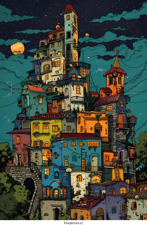 Night Cityscape Illustration with Houses and Stars