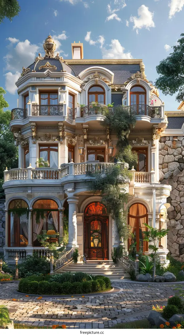 French Style Mansion with Stone Facade and Balconies