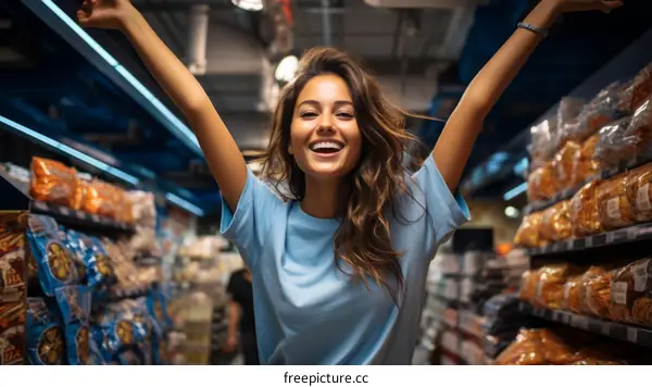 Happy Young Woman Celebrating in Grocery Store