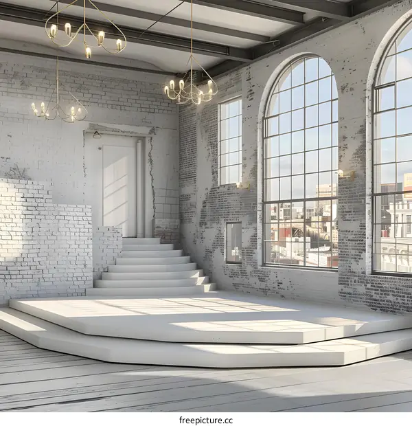 White Minimalist Interior Design with Staircase and Brick Wall