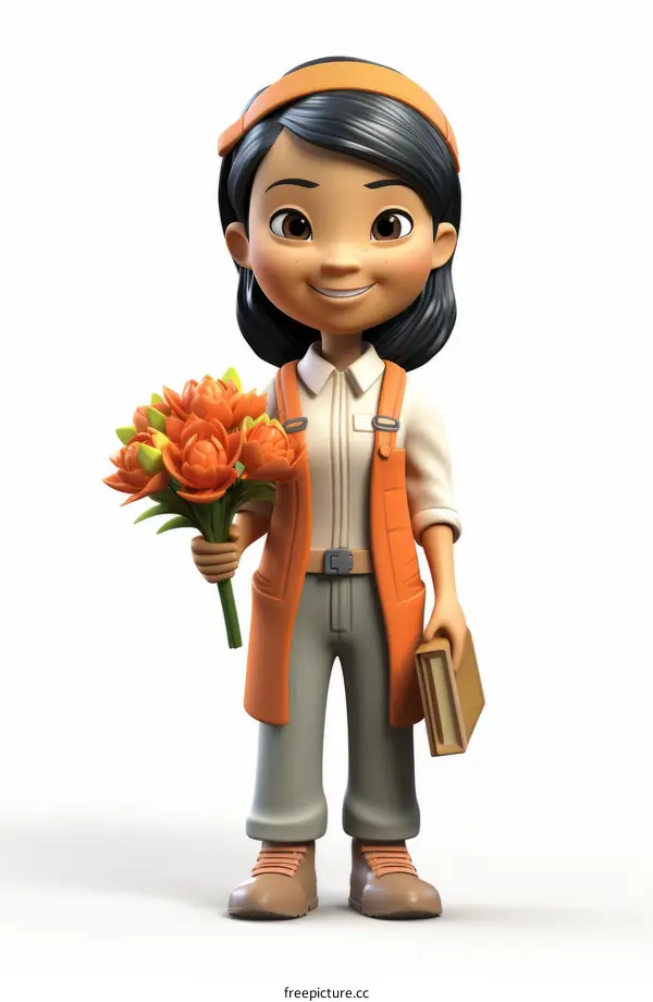 A young girl holding a bouquet of flowers and a book