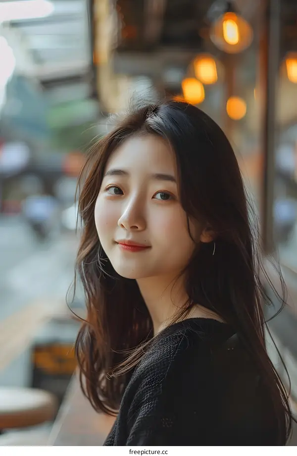 Portrait of a Young Asian Woman with Long Black Hair Smiling