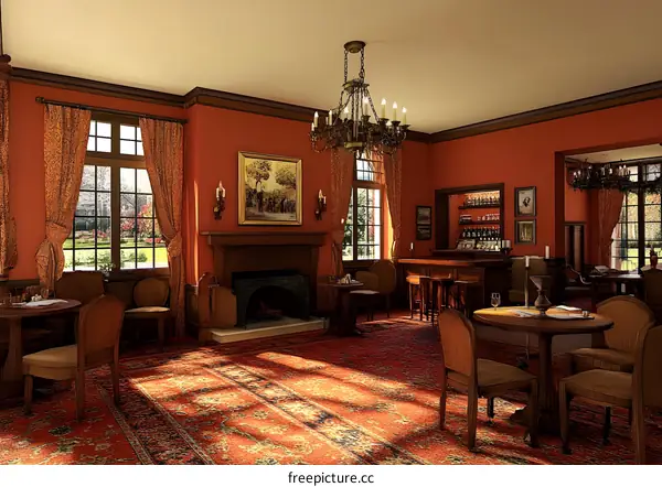 Vintage Style Interior Design of a Living Room with Red Walls, Fireplace, and Chandelier