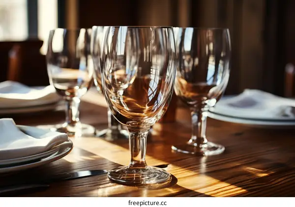 Empty Wine Glasses on a Wooden Table in a Restaurant