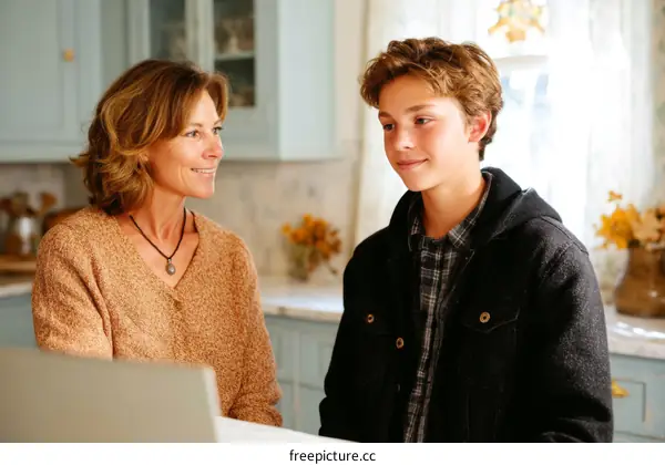 Mother and Son Conversation in Kitchen
