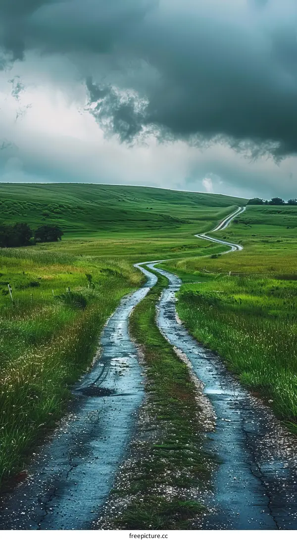 Asphalt Road Through Green Fields Under Stormy Sky