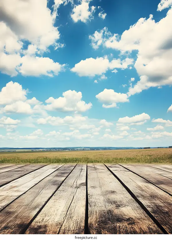Wooden Deck Overlooking Green Field with Blue Sky and Clouds
