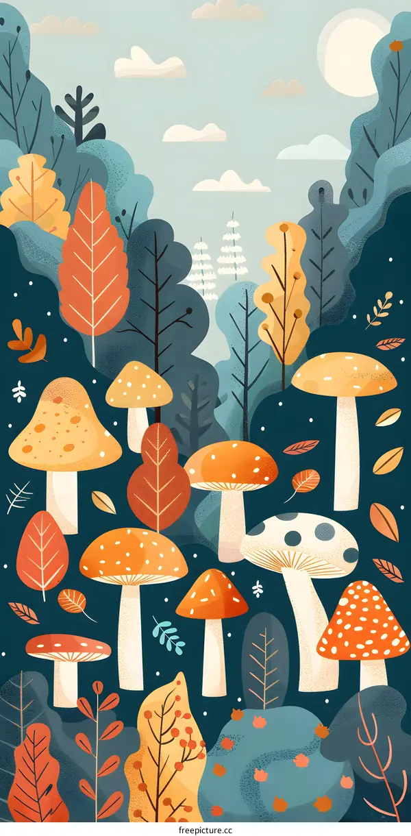 Colorful Autumn Forest Illustration with Mushrooms and Trees