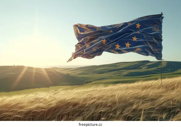 Waving Flag of Europe over a Field of Wheat