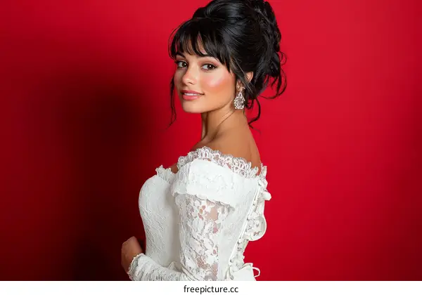 Elegant Woman in a Wedding Dress Against a Red Background