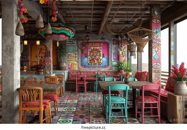 Vibrant Mexican restaurant interior with colorful decor and furniture