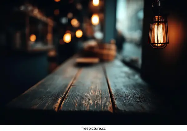 Rustic Wooden Tabletop with Vintage Edison Bulb