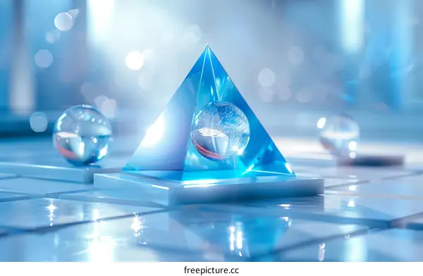 Blue crystal pyramid with a sphere inside
