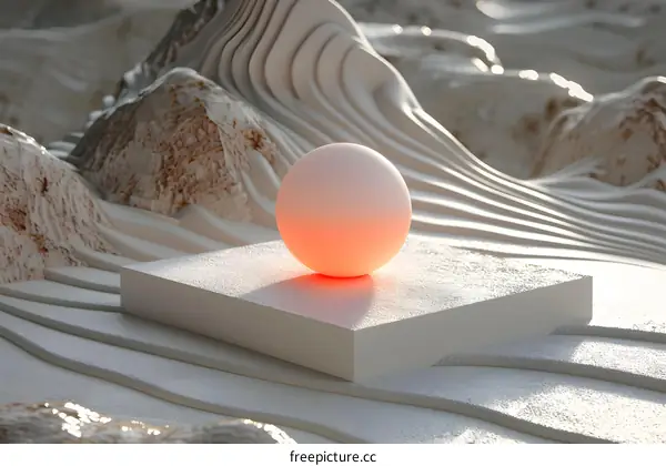 3D rendering of a glowing sphere on a white podium in a white textured landscape
