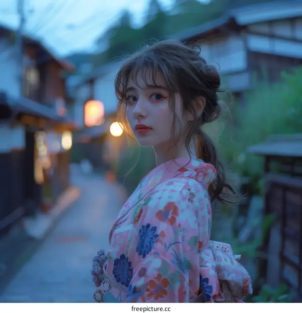 Japanese Girl in Kimono in a Traditional Town