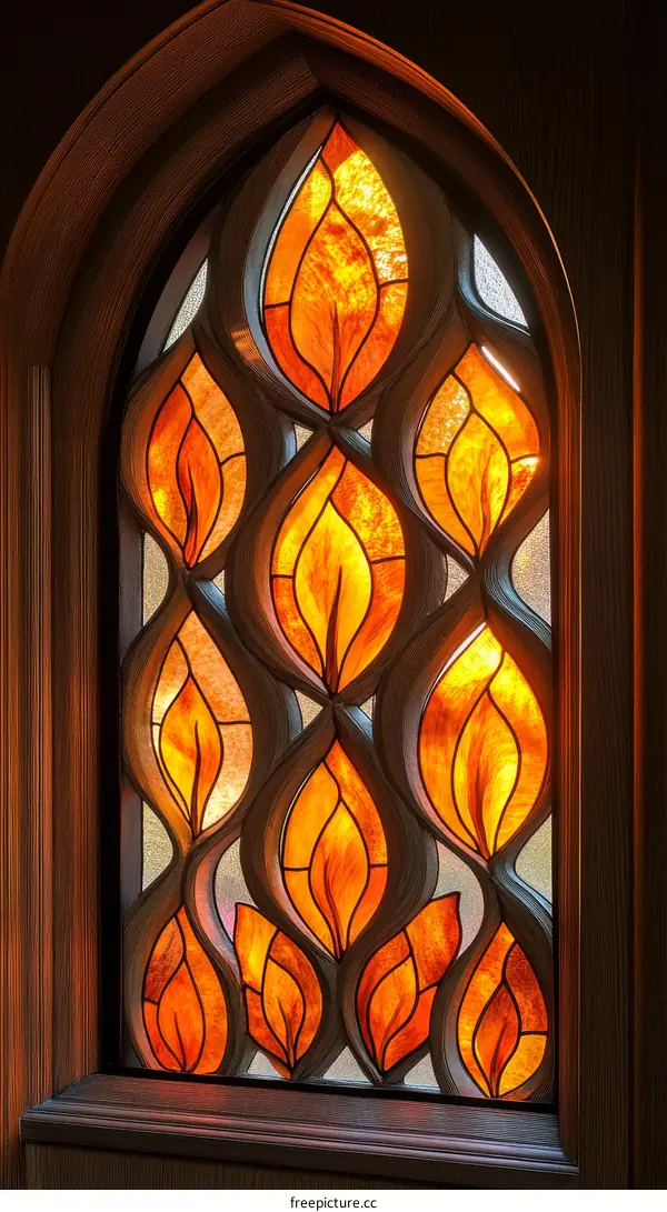 Stained Glass Window Design with Fire-Inspired Leaves