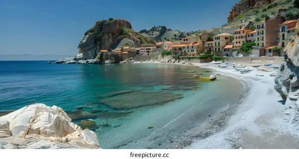 Rocky beach with colorful houses village in Mediterranean sea
