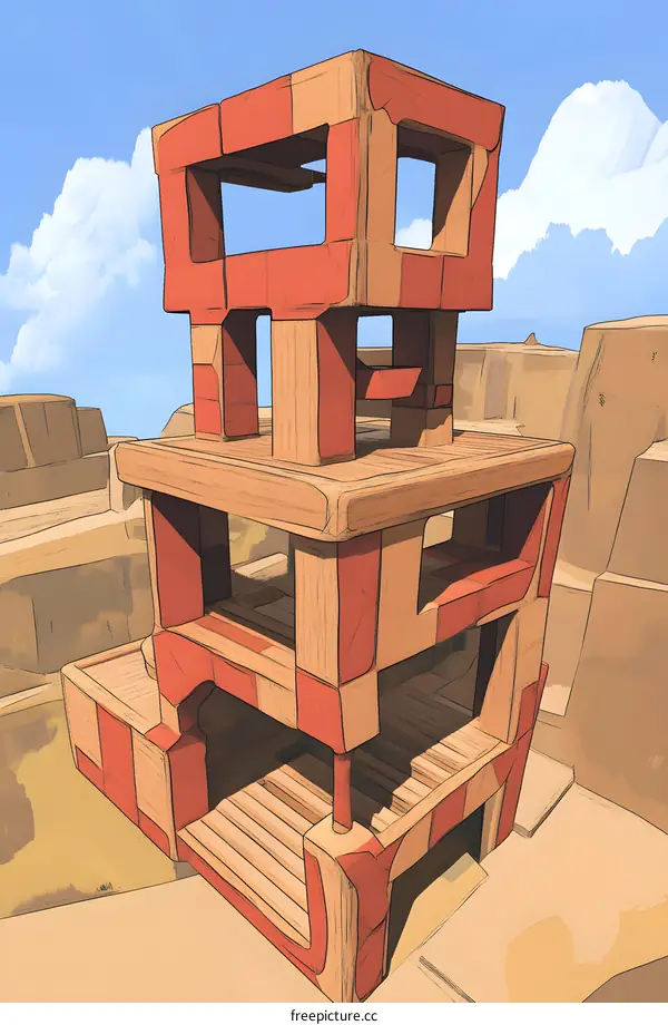 Wooden Building With Red And Brown Structure In A Desert Setting