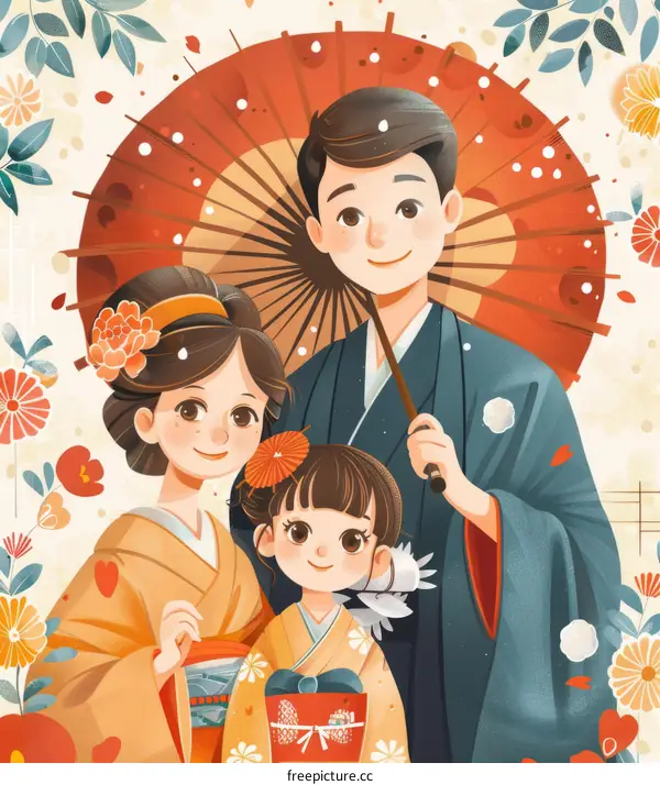 Japanese Family in Kimono with Red Umbrella and Flowers