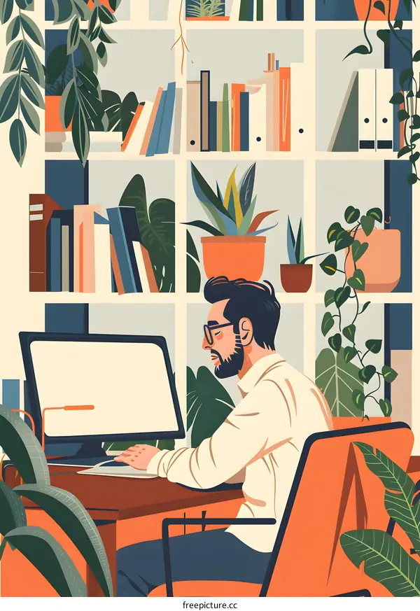 Man Working at Home with Plants and Books on the Shelf