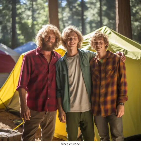 Three happy campers pose for a photo in the woods