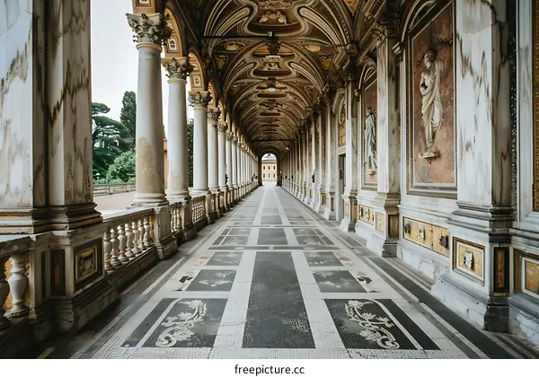 Marble Columns and Mosaic Floor of a Historic Italian Courtyard